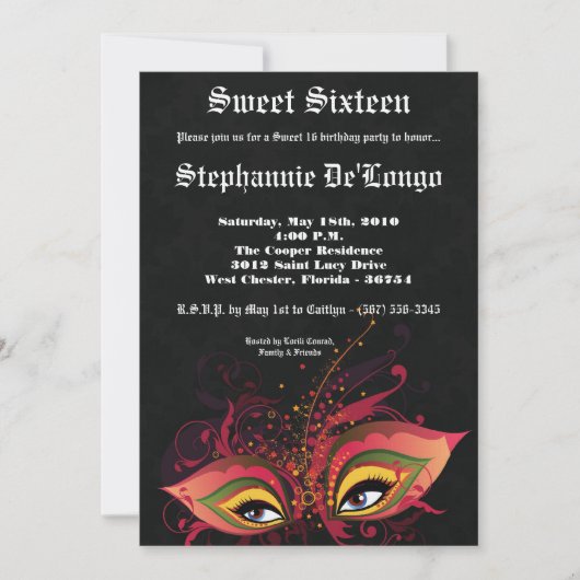 5x7 Black Masquerade Sweet 16 Verjaardag Uitnodigi Kaart (Voorkant)