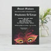 5x7 Black Masquerade Sweet 16 Verjaardag Uitnodigi Kaart (Staand voorkant)