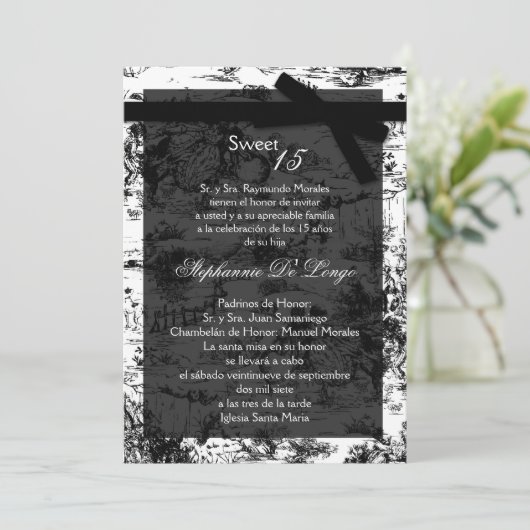 5x7 Black ToileFabric Quinceanera Party Uitnodigin Kaart (Staand voorkant)