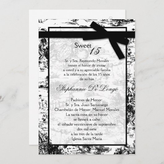 5x7 Black ToileFabric Quinceanera uitnodiging (Voorkant / Achterkant)