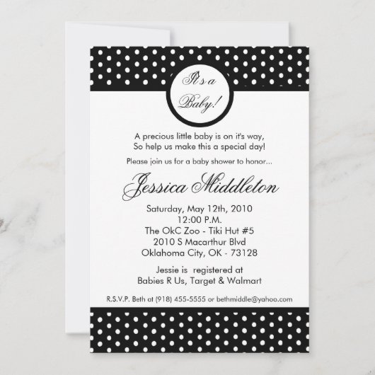 5x7 Black White Polka Dot Baby shower Invitation Kaart (Voorkant)