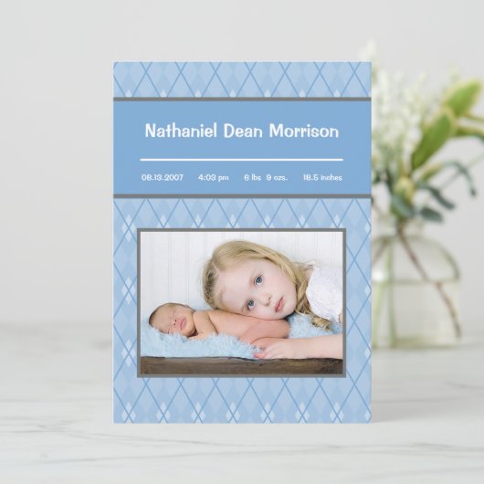 5x7 Blauw Argyle Patroon Foto Aankondiging Geboort (Staand voorkant)