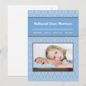 5x7 Blauw Argyle Patroon Foto Aankondiging Geboort (Voorkant / Achterkant)