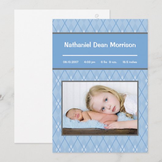 5x7 Blauw Argyle Patroon Foto Aankondiging Geboort (Voorkant / Achterkant)