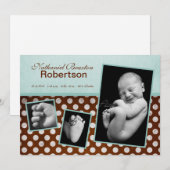 5x7 Blauw Bruin Polka Dot Foto Aankondiging Geboor (Voorkant / Achterkant)
