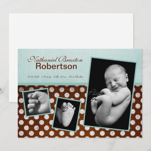 5x7 Blauw Bruin Polka Dot Foto Aankondiging Geboor (Voorkant / Achterkant)