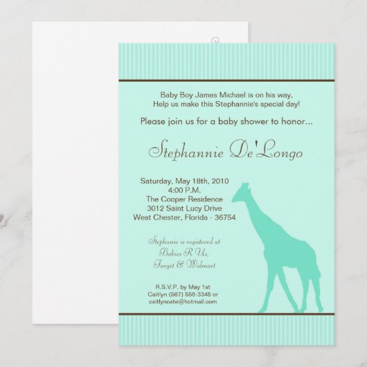 5x7 blauw gestreepte Giraffe Baby shower Uitnodigi Kaart (Voorkant / Achterkant)