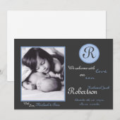 5x7 Blauw Monogram Initiaal Foto Aankondiging Gebo (Voorkant / Achterkant)