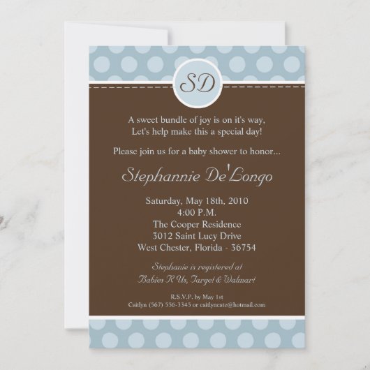 5x7 Blauw Monogram Polka Dot Baby shower Uitnodigi Kaart (Voorkant)