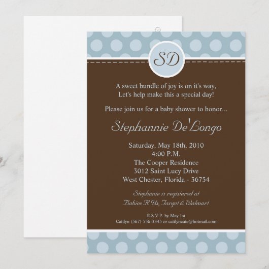 5x7 Blauw Monogram Polka Dot Baby shower Uitnodigi Kaart (Voorkant / Achterkant)