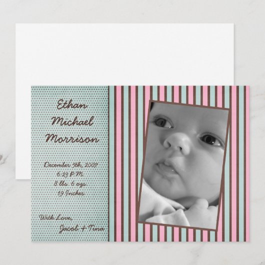 5x7 Blauw Roze Streep Foto Aankondiging Geboorte (Voorkant / Achterkant)