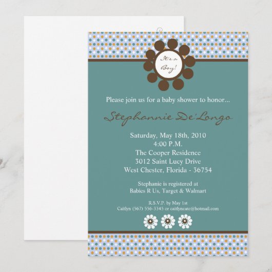 5x7 Blauw Sweethear PolkaDot Baby shower Uitnodigi Kaart (Voorkant / Achterkant)