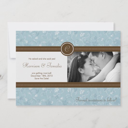 5x7 Blauwe Bloem Foto Save the Date Aankondiging (Voorkant)