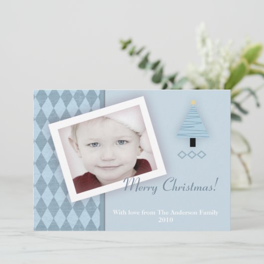 5x7 Blauwe Kerstboom Argyl FOTO Kerst Kaart (Staand voorkant)