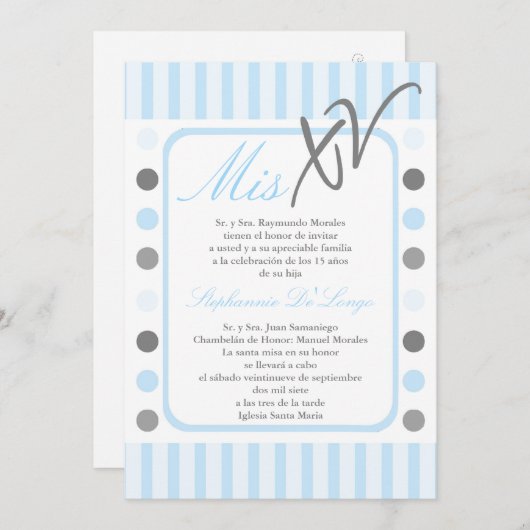 5x7 Blauwe Polka Dot Quinceanera Party Uitnodiging (Voorkant / Achterkant)