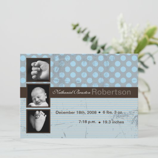 5x7 Blauwe Polka Dot Stripe Foto Aankondiging Gebo (Staand voorkant)