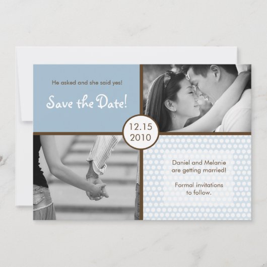 5x7 Blauwe Polkadot Foto Bewaar de datum aankondig Kaart (Voorkant)