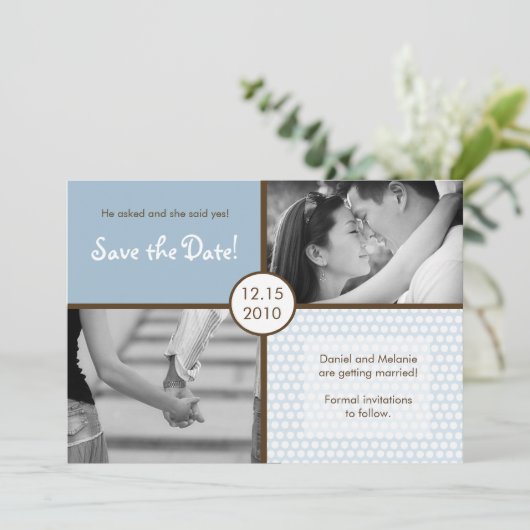 5x7 Blauwe Polkadot Foto Bewaar de datum aankondig Kaart (Staand voorkant)