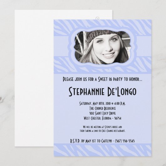 5x7 Blauwe Zebra FOTO Sweet 16 Verjaardag Uitnodig Kaart (Voorkant / Achterkant)