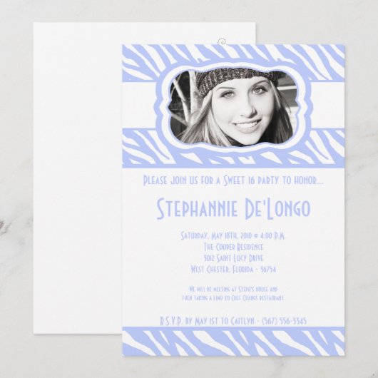 5x7 Blauwe Zebra FOTO Sweet 16 Verjaardag Uitnodig Kaart (Voorkant / Achterkant)