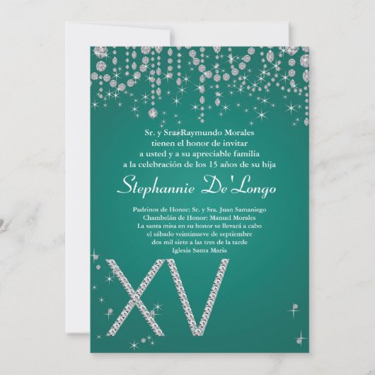 5x7 Blauwgroen Diamond Quinceanera Birthday Uitnod Kaart (Voorkant)