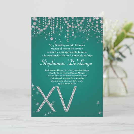 5x7 Blauwgroen Diamond Quinceanera Birthday Uitnod Kaart (Staand voorkant)