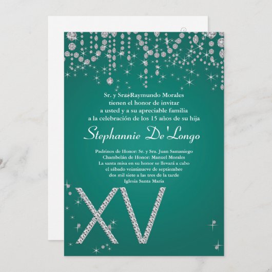 5x7 Blauwgroen Diamond Quinceanera Birthday Uitnod Kaart (Voorkant / Achterkant)