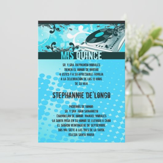 5x7 Blauwgroen DJ Platenspeler Quinceanera Uitnodi Kaart (Staand voorkant)