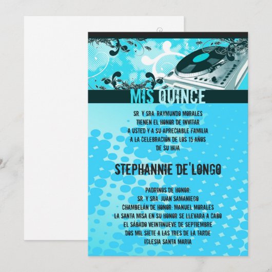 5x7 Blauwgroen DJ Platenspeler Quinceanera Uitnodi Kaart (Voorkant / Achterkant)