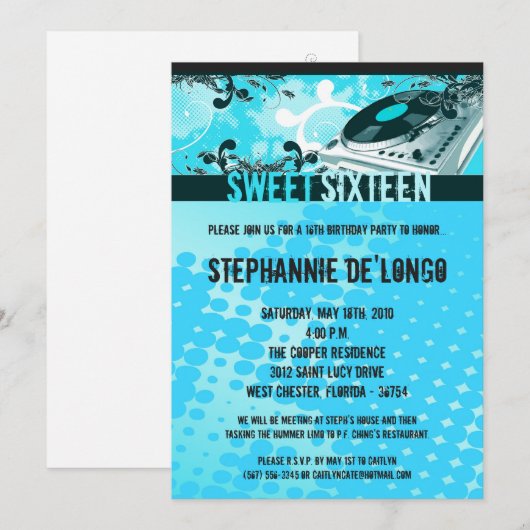 5x7 Blauwgroen DJ Spin Platenspeler16th Birthday I Kaart (Voorkant / Achterkant)