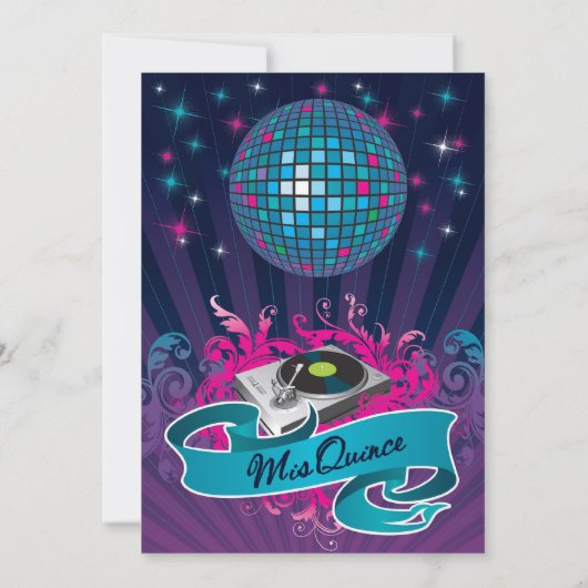 5x7 Blauwgroen DJ Spin Platenspeler Quinceanera Ui Kaart (Achterkant)