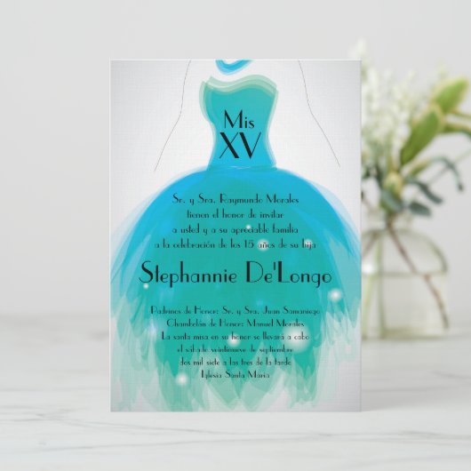 5x7 Blauwgroen dress Quinceanera Birthday Uitnodig Kaart (Staand voorkant)