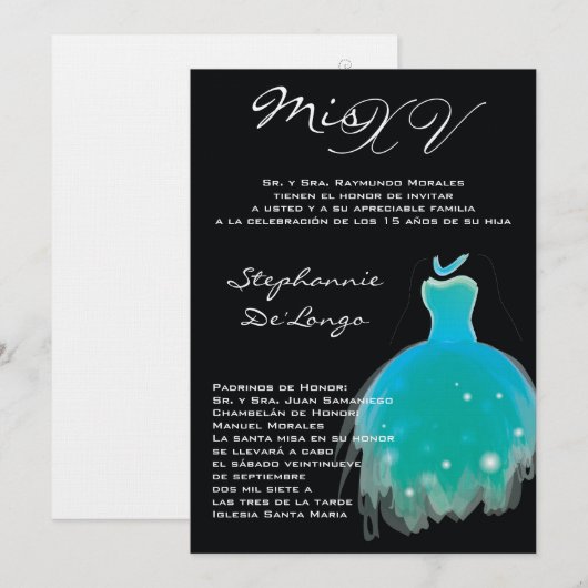 5x7 Blauwgroen dress Quinceanera Birthday Uitnodig Kaart (Voorkant / Achterkant)