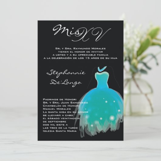 5x7 Blauwgroen dress Quinceanera Birthday Uitnodig Kaart (Staand voorkant)