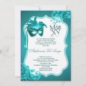 5x7 Blauwgroen Masquerade Masker Quinceanera Uitno Kaart (Voorkant)