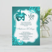 5x7 Blauwgroen Masquerade Masker Quinceanera Uitno Kaart (Staand voorkant)
