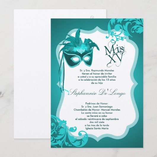 5x7 Blauwgroen Masquerade Masker Quinceanera Uitno Kaart (Voorkant / Achterkant)