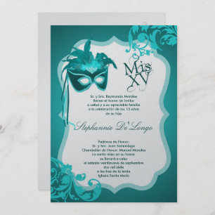 5x7 Blauwgroen Masquerade Masker Quinceanera Uitno Kaart