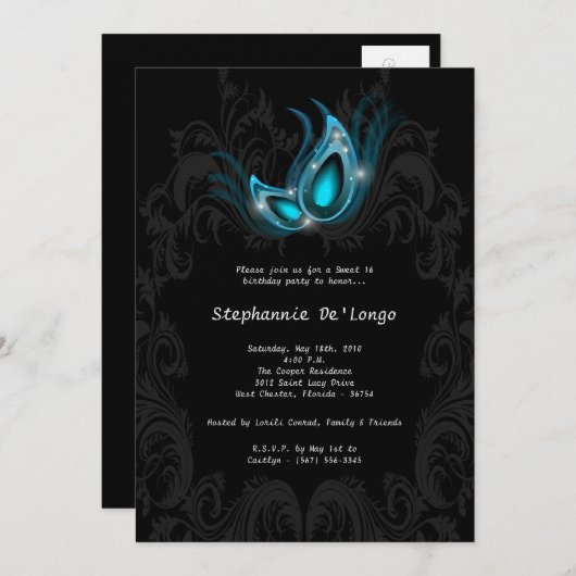 5x7 Blauwgroen Masquerade Sweet 16 Birthday Uitnod Kaart (Voorkant / Achterkant)