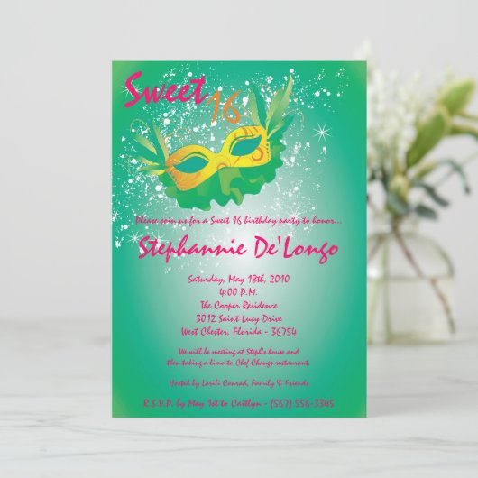 5x7 Blauwgroen Masquerade Sweet 16 Verjaardagsuitn Kaart (Staand voorkant)