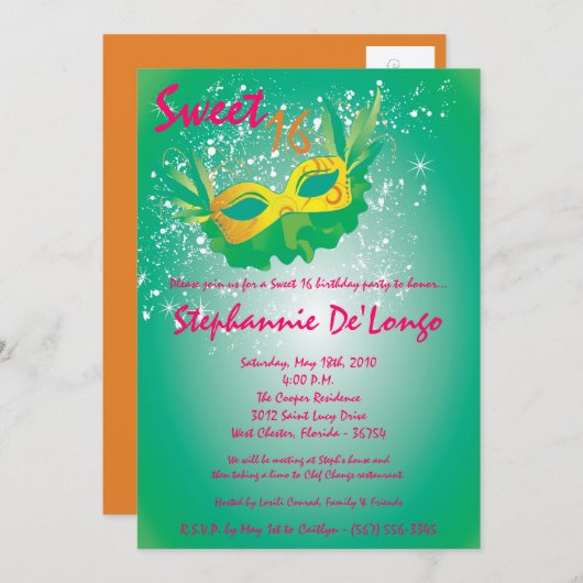 5x7 Blauwgroen Masquerade Sweet 16 Verjaardagsuitn Kaart (Voorkant / Achterkant)