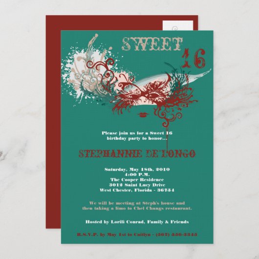 5x7 Blauwgroen Masquerade Sweet 16 Verjaardagsuitn Kaart (Voorkant / Achterkant)