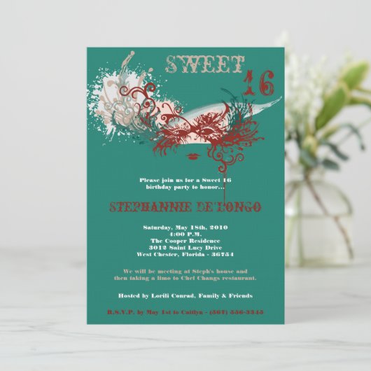 5x7 Blauwgroen Masquerade Sweet 16 Verjaardagsuitn Kaart (Staand voorkant)