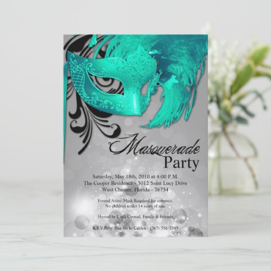5x7 Blauwgroen Masquerade Sweet 16 Verjaardagsuitn Kaart (Staand voorkant)
