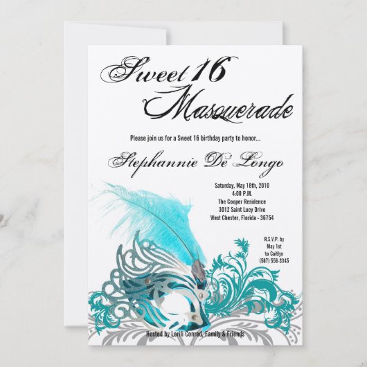 5x7 Blauwgroen Masquerade Sweet 16 Verjaardagsuitn Kaart (Voorkant)