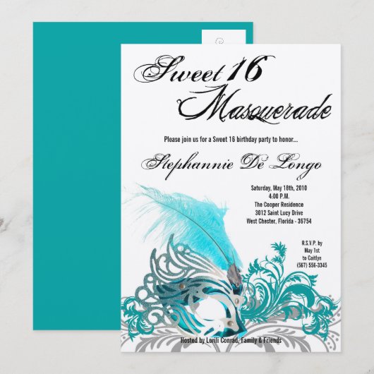 5x7 Blauwgroen Masquerade Sweet 16 Verjaardagsuitn Kaart (Voorkant / Achterkant)
