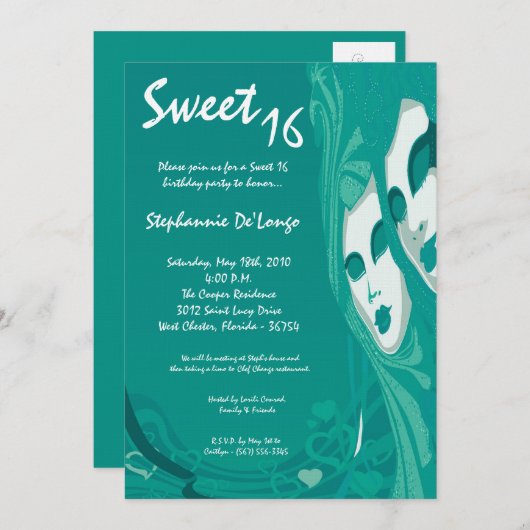 5x7 Blauwgroen Masquerade Sweet 16 Verjaardagsuitn Kaart (Voorkant / Achterkant)