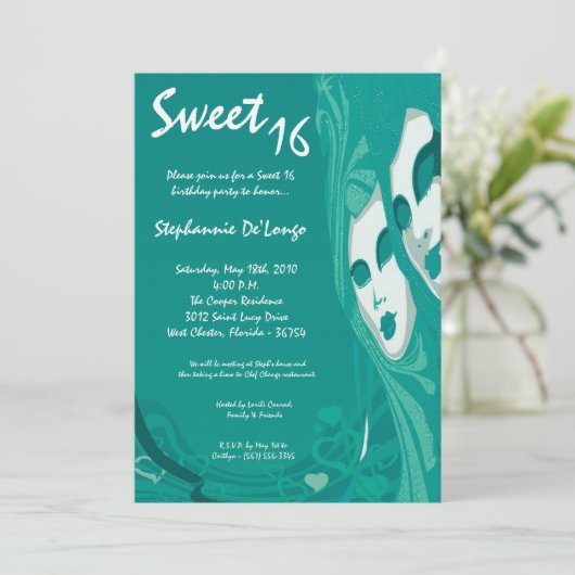 5x7 Blauwgroen Masquerade Sweet 16 Verjaardagsuitn Kaart (Staand voorkant)