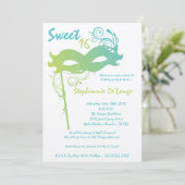5x7 Blauwgroen Masquerade Sweet 16 Verjaardagsuitn Kaart (Staand voorkant)