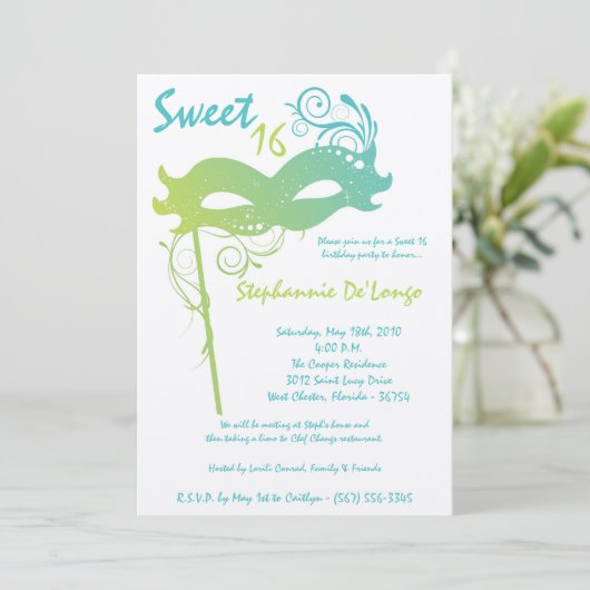 5x7 Blauwgroen Masquerade Sweet 16 Verjaardagsuitn Kaart (Staand voorkant)